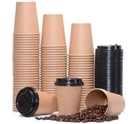 50 x 12oz Bamboo Paper Coffee Cups [50 Pieces Paper Cups + Free 50 Lids] Reusable Bio Paper, Single Wall Kraft Brown Eco Unbleached Cups - Beverages Party Wedding Birthday Supplies