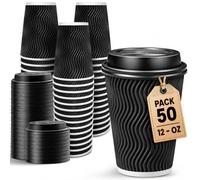 50 x 12oz Ripple Black Kraft Paper Cups - Strong 3-PLY Disposable Insulated Coffee Cups 12 Ounce - Leak-Proof Recyclable Drinking Cups for Hot Drinks, Tea, Coffee and Beverages