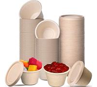 50 x 2oz, 4oz Bagasse Fiber Condiment Cups with Lids, Sauce Containers Paper Sample Portion Cup Disposable Souffle for Snack Dressing Food Storage (4oz)