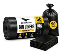 50 x 90L Heavy Duty Bin Bags, Extra Strong Black Refuse Sacks & Bin Liners, 30 Micron Tear Resistant with No Leak Seam, Holds 20kg, 100% Recycled Material for Kitchen, Garden, DIY & Office Waste