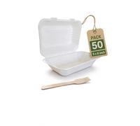 50 x 9x6 Inch Biodegradable Sugarcane Bagasse Clamshell Takeaway Boxes - Eco-Friendly Compostable Food Containers, 23cm Single Compartment Disposable Lunch Boxes, Heavy Duty, Microwave & Freezer Safe