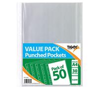 50 x A4 Glass Clear Plastic Wallets Punched Poly Pocket Paper Document Files