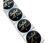 50 x Black 38mm Labels with Shiny Gold Print - Sealed with Love Stickers for Party Invitation Envelope Seals