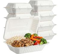 50 x Clamshell Takeaway Boxes 9x6 in - Disposable Bagasse Food Container for Fish & Chips - 900ml Microwave Safe Food Packaging Meal Boxes for Parties Picnic Catering Restaurant Office Home