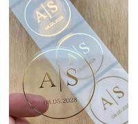 50 x Foiled Wedding Monogram Initials Stickers, Personalised Wedding Favour Labels, Shiny Foil Gold Silver Rose Transparent Envelope Seals