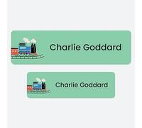 50 x No Iron Personalised Stick On Waterproof Washable Name Labels Great for Clothes, School Uniform, Equipment, Shoes and Much More. School, Nursery, Day Care, Hospital - Train Track