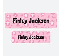 50 x No Iron Personalised Stick On Waterproof Washable Name Labels Great for Clothes, School Uniform, Equipment, Shoes. School, Nursery, Day Care, Hospital - Leopard Spots Pink