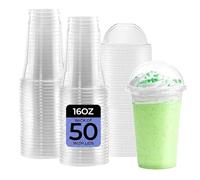 50 x PET Smoothie Cups with Dome Lids 98mm 16oz 500ml Clear Disposable Plastic Milkshake Cups Heavy Duty Leak Proof for Smoothies Juices Iced Coffee Cafes Takeaway Reusable and Recyclable (50)