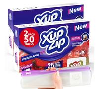 50 x Premium Food Storage Freezer Bags by XupZip™ | Stand Up Smart Zip Slider, Reusable, Heavy-Duty Plastic | Airtight and Leakproof Smart Zip Seal | BPA Free… (50 x Quart - 1L)