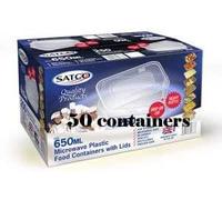 50 x Satco Plastic Containers with Lids 650ml | Durable Microwavable | Heavy Duty | Takeaway | Reusable & Disposable