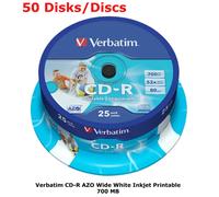 50 x Verbatim Blank CD-R 52x White CD Printable 700MB 80Mins Discs in Spindle