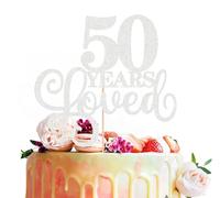 50 Years Loved Cake Topper - Silver Glitter 50th Birthday & Anniversary Cake Decoration for Women Men Party Supplies, Photo Booth Props