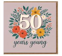 50 Years Young 50th Birthday Card - Elegant Floral Design with Bold 50 and Colourful Flowers on Mauve Background