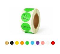 500 25mm Round Coloured Dot Stickers, Circle Stickers, Sticky Dots (Green) | Gold & 9 More Colours, Writable Semi-Gloss, Easy Peel Roll, Strong Adhesive, for Filing, Labelling & Planners
