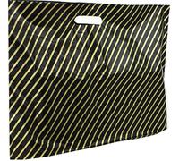 500 Black And Gold Striped Plastic Carrier Bags - 15 x 18 + 3", (38cm x 46cm + 7cm), Patch Handle Reusable bag, Ideal for Boutiques Clothes, Jewellery, Gifts, Retail and Shopping.