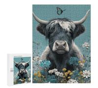 500 PCS Adult Pieces Jigsaw Puzzle Highland Cow with Butterfly Jigsaw Puzzles for Teenagers Hand Speed Race Difficult And Challenge Christmas Birthday Gifts 500 PCS
