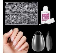 500 Pcs Clear Almond Pre-Shaped Short Tips 12 Sizes, False Nails Extensions for Acrylic Gel, Home Salon Full Cover Kit