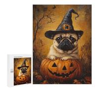 500 PCS Jigsaw Halloween Pug in Witch Hat Jigsaws for Adults Puzzle Stress Reliever Parent-child Interaction Unique Birthday And Xmas Gifts 500 PCS