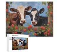 500 PCS Jigsaw Puzzle for Adults Two Cows Behind A Fence with Red Roses Puzzle for Adults Fun Games Staycation Kill Time Birthday And Unique Gifts 500 PCS