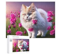 500 PCS Jigsaw Puzzle for Teenagerss Fluffy Cat with Pink Roses Jigsaws for Adults Fun Games Birthday Present Unique Birthday And Xmas Gifts 500 PCS
