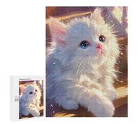 500 PCS Jigsaw Puzzles Fluffy White Cat with Blue Eyes Adult Jigsaw Puzzles Enhance Memory Educational Challenge Toys Educational Games 500 PCS