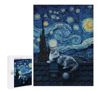 500 PCS Jigsaw Puzzles for Adults Cat on Roof, Starry Night Style Jigsaw for Adults Relax Games Hand Speed Race for Is Ideal As A Gift 500 PCS