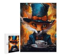 500 PCS Jigsaw Puzzles for Adults Fox in Top Hat with Tea Cup Teenagers Puzzles Hands-on Game Improve Memory Parent-child Interaction 500 PCS