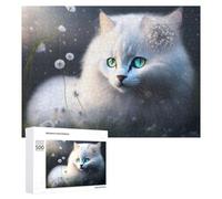 500 PCS Jigsaw Puzzles for Adults Teenagerss Enchanted White Cat with Dandelions Puzzles for Adults Hands-on Game Precision Cutting Parent-child Interaction 500 PCS