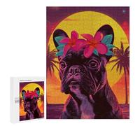 500 PCS Jigsaw Puzzles for Teenagers Neon Sunset Pug with Flowers Adult Jigsaw Puzzles Pattern Assembly Help The Brain Exercise Challenging Game Toys 500 PCS