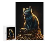 500 PCS Jigsaw Puzzles for Teenagerss Cat Sitting on Pile Gold Jigsaw for Adults Hands-on Game Difficult Hard Unique Birthday And Gifts 500 PCS