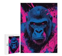 `500 PCS Jigsaw Puzzles for Teenagerss Jigsaw Blue Gorilla with Pink Splatter Art Jigsaw for Adults Family Games Birthday Present Deal As Gifts for The Whole Family 500 PCS