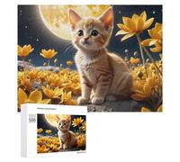 500 PCS Jigsaw Puzzles for Teenagerss Jigsaw Kitten on The Moon with Flowers Puzzle for Adults Relax Games Improve Memory for Birthday, Chrismas 500 PCS