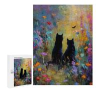 500 PCS Jigsaw Puzzles Two Black Cats in A Flower Field Jigsaw for Teenagerss Precision Cutting Fun Activities at Home Challenging Game And Family Play 500 PCS