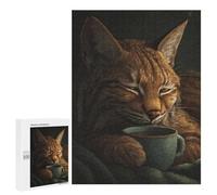 500 PCS Jigsaw Sleepy Cat with Coffee Mug Jigsaws for Adults Puzzle But Fun And Humorous Challenging To Complete Unique Birthday And Xmas Gifts 500 PCS