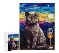 500 PCS Jigsaws Adults Puzzles Cat Sit Down And 1 Glass Jigsaws for Adults Toy Wall Decor Home Decoration for Is Ideal As A Gift 500 PCS