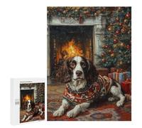 500 PCS Jigsaws Adults Puzzles English Springer Spaniel by Fireplace Dog in Sweater Christmas Art Adult Puzzles Relaxing Games Precision Cutting Unique Gifts for Birthday And Christmas 500 PCS