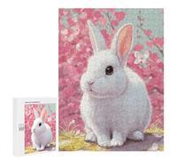 500 PCS Jigsaws for Adults Charming White Bunny with Pink Blossoms Jigsaw for Teenagers Improve Memory Every Piece Is Unique - Toys Educational Games 500 PCS