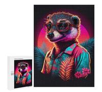 500 PCS Jigsaws for Teenagerss Neon Meerkat in Tropical Shirt Jigsaw Puzzle Relaxing Games Difficult Challenge Challenging To Complete 500 PCS