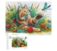 500 PCS Jigsaws for Teenagerss Puzzle Cat Chasing Dragonfly in Garden Puzzle for Adults Hands-on Game Difficult Hard Parent-child Interaction 500 PCS