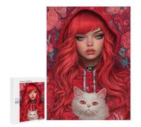 500 PCS Jigsaws Red Hoodie with White Cat Jigsaws for Adults Puzzle Hand Speed Race Help The Brain Exercise Beautiful Design Game 500 PCS