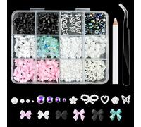 500 Pcs Nail Charms, Assorted Color Bow Nail Charms Mix Bow Nail Gems Cute Pearl Heart Nail Rhinestones Star Charms for Nails with Pickup Tool for Women Girls Nail DIY Accessories