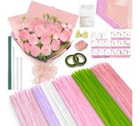 500 PCS Pink Pipe Cleaners Craft Kit, 6 Colours 12inch x 6mm Chenille Stems for Flower Making, pipe cleaner flower kit with Floral Stems, Wrapping Paper, Stamens & Step-by-Step Instructions