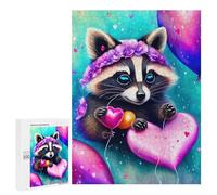 500 PCS Puzzle For Adults An Adorable Raccoon Holding A Heartshaped Balloon on A String, It Is Raining Hearts, Rose Jigsaws for Adults Puzzle Improve Memory Wishlist with Santa Claus Stress Reduction