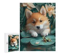 500 PCS Puzzle For Adults Corgi Puppy with Frog on Lilypad Jigsaws for Adults Relax Games Pattern Assembly Deal As Gifts for The Whole Family 500 PCS