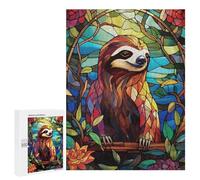 500 PCS Puzzle For Adults Stained Glass Sloth in Floral Frame Jigsaws for Adults Relax Games Pattern Assembly Deal As Gifts for The Whole Family 500 PCS