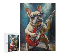 500 PCS Puzzle For Teenagers Frenchie Playing Guitar Painting Adult Jigsaw Puzzles Difficult Hard Challenging To Complete Challenging Family Fun Game 500 PCS