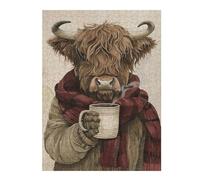 500 PCS Puzzles for Teenagerss Anthropomorphic Highland Cow with Coffee Jigsaw Puzzle Brain Teaser Game Presents for Women Deal As Gifts for The Whole Family 500 PCS
