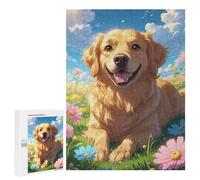 `500 PCS Puzzles for Teenagerss Happy Golden Retriever Dog in Sunny Flower Meadow - Cute Anime Style Cartoon Dog Portrait Art Puzzles for Adults Family Games Difficult Challenge Help The Brain Exercis