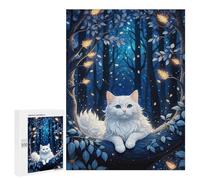 500 PCS Teenager Puzzles A Whimsical Illustration. Fluffy White Cat Nestled on A Dark Blue Tree Adorned with Intric Puzzle For Teenagers Family Activities for Birthday, Chrismas Birthday And Unique Gi