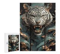 500 PCS Teenagers Puzzles Roaring Tiger Teal And Gold Art Jigsaws for Adults Puzzle Difficult Hard Challenging To Complete Challenging Game Toys 500 PCS